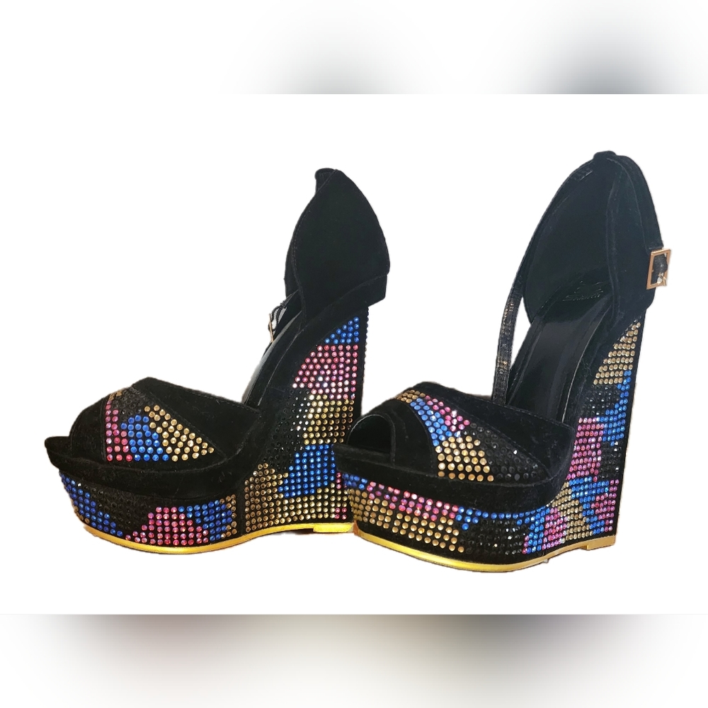 Size 6.5 black Velvet with gems 5 1/2" heel and 1" platform with ankle straps